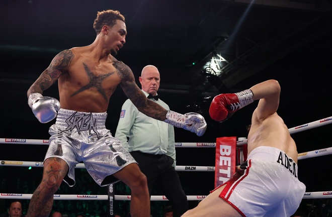 Ben Whittaker defeated Benjamin Gavazi in the first round in Birmingham. Photo: Mark Robinson Matchroom Boxing