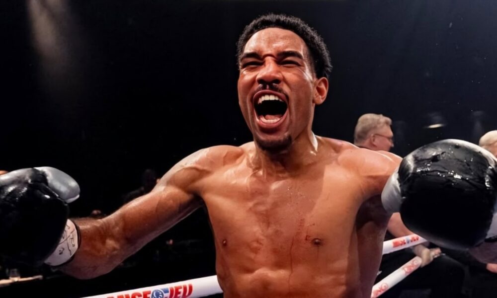 Osleys Iglesias celebrates after stopping Pavel Silyagin to win the IBF super middleweight title in Montreal