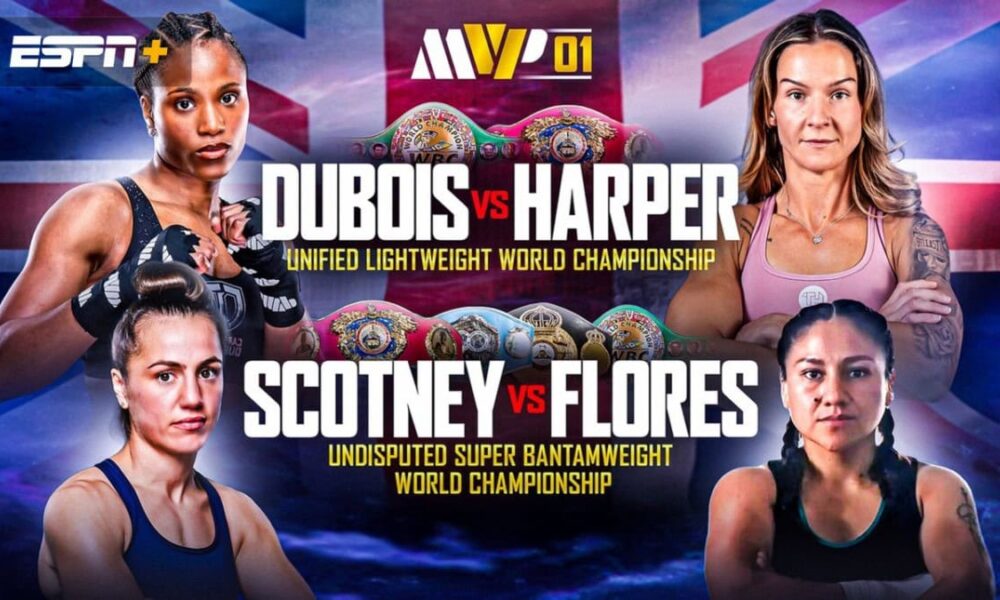 Caroline Dubois vs Terri Harper lightweight world title fight poster for the MVP boxing event at Olympia in London