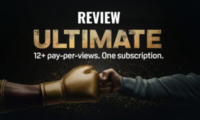 DAZN Ultimate review graphic showing boxing glove fist bump and text 12+ pay per views one subscription