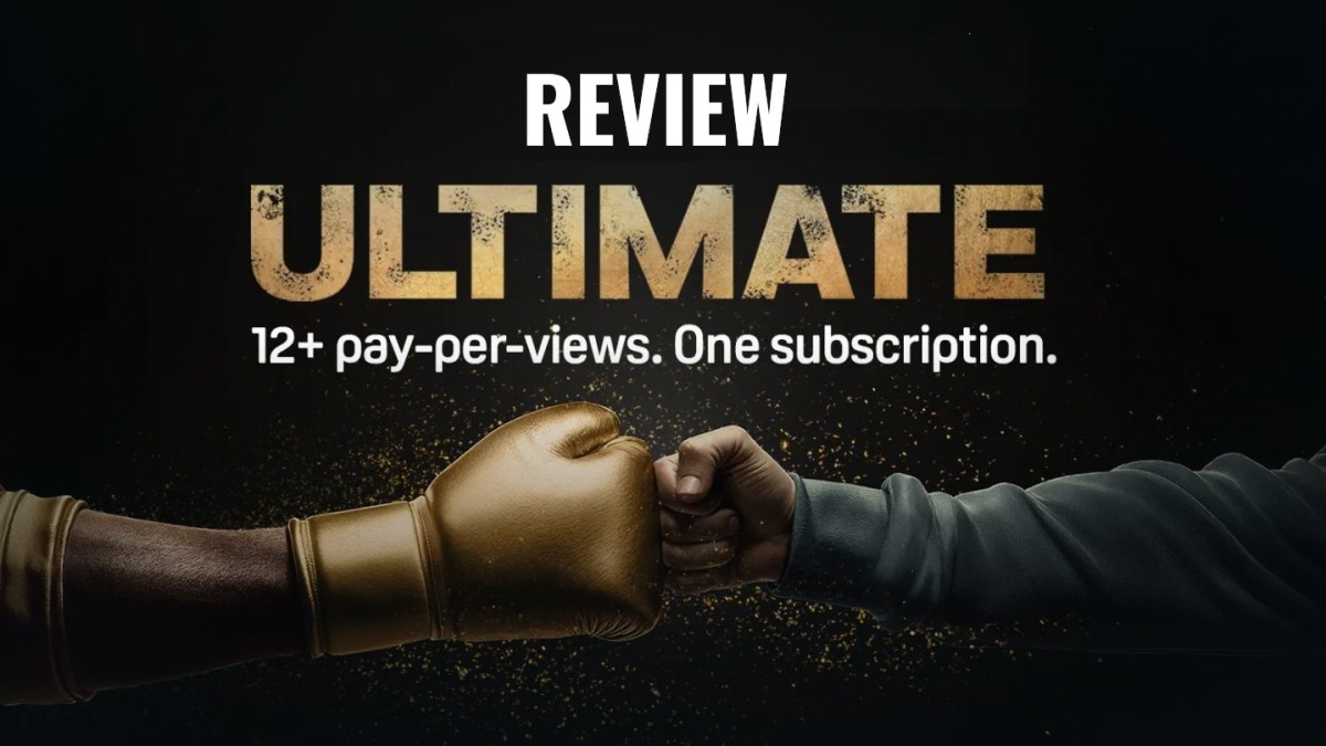 DAZN Ultimate review graphic showing boxing glove fist bump and text 12+ pay per views one subscription