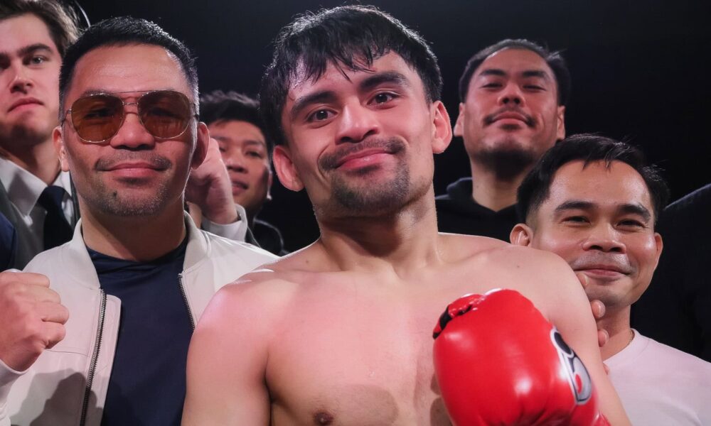 Jimuel Pacquiao celebrates victory with father Manny Pacquiao ringside in Temecula