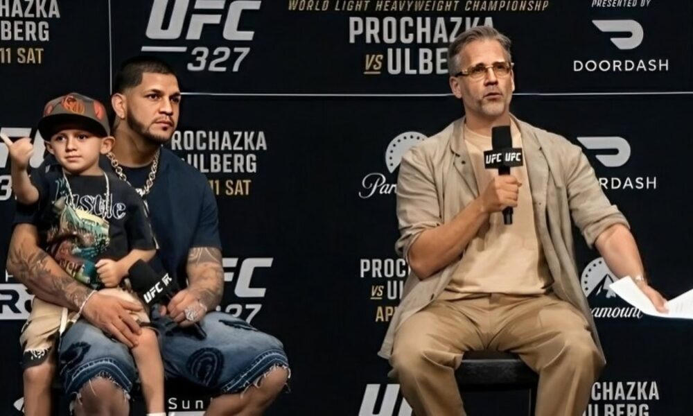 Max Kellerman speaks at a Zuffa press conference beside Edgar Berlanga.