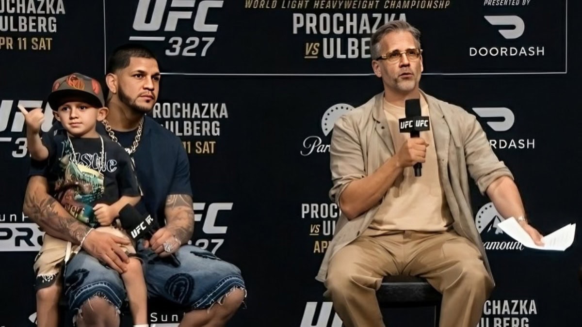 Max Kellerman speaks at a Zuffa press conference beside Edgar Berlanga.