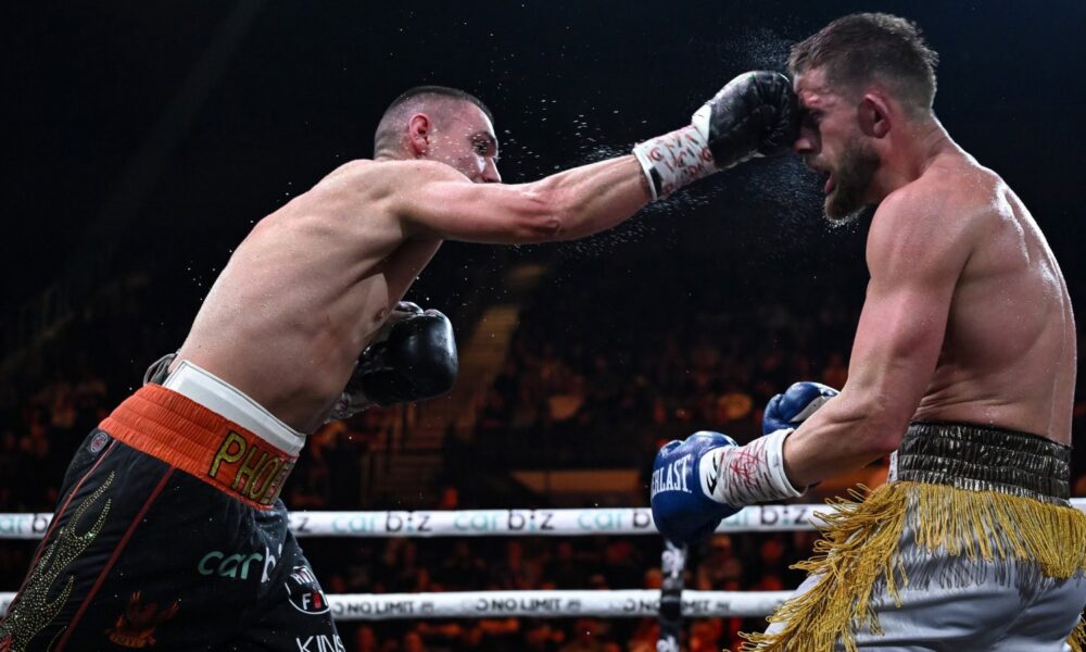 Tim Tszyu lands a right hand on Denis Nurja during their super welterweight fight in Wollongong