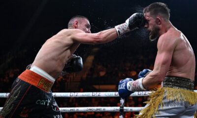 Tim Tszyu lands a right hand on Denis Nurja during their super welterweight fight in Wollongong