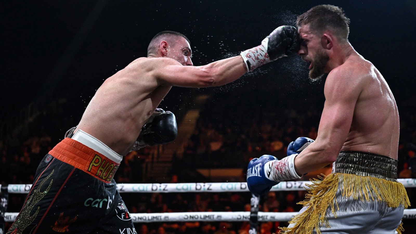 Tim Tszyu lands a right hand on Denis Nurja during their super welterweight fight in Wollongong