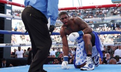 Jared Anderson down on one knee after knockdown during Martin Bakole fight