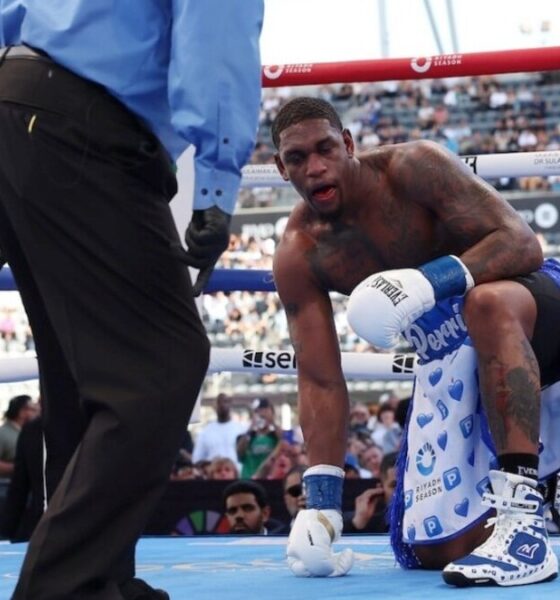Jared Anderson down on one knee after knockdown during Martin Bakole fight