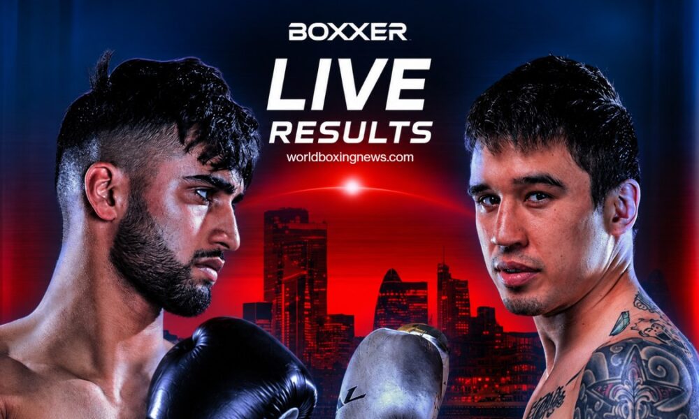 Adam Azim and Steve Claggett featured in promotional artwork for their super lightweight main event at Wembley Arena in London with live results coverage from World Boxing News.