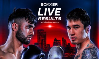 Adam Azim and Steve Claggett featured in promotional artwork for their super lightweight main event at Wembley Arena in London with live results coverage from World Boxing News.