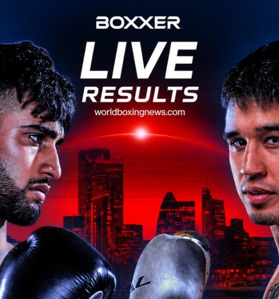 Adam Azim and Steve Claggett featured in promotional artwork for their super lightweight main event at Wembley Arena in London with live results coverage from World Boxing News.