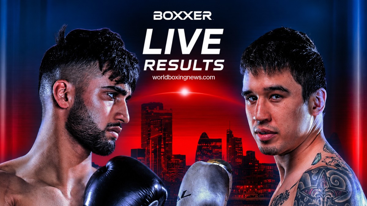 Adam Azim and Steve Claggett featured in promotional artwork for their super lightweight main event at Wembley Arena in London with live results coverage from World Boxing News.