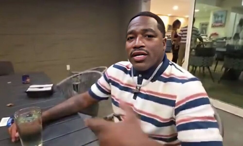 Adrien Broner speaks during a livestream appearance with a drink beside him amid growing concern over his future outside boxing