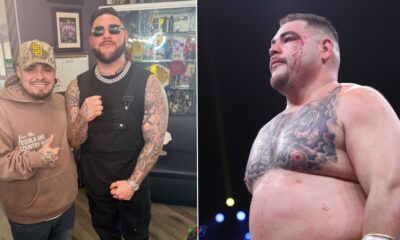 Andy Ruiz Jr weight loss comparison showing current slim appearance beside heavier heavyweight title-era image