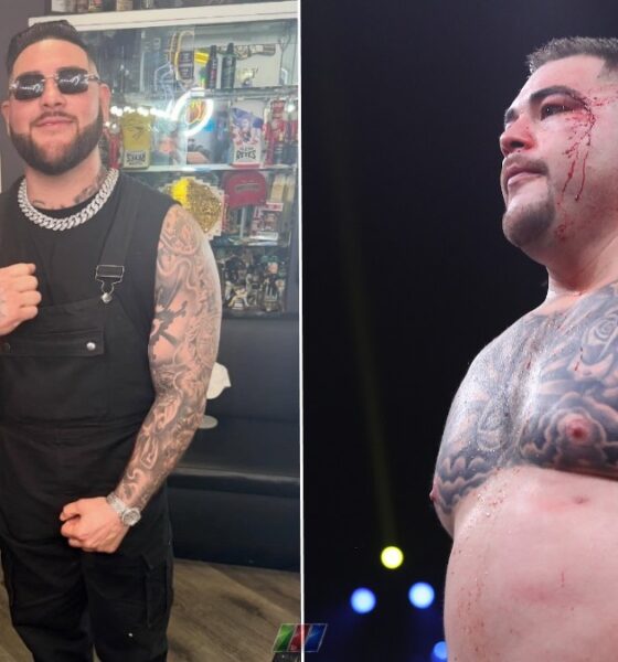 Andy Ruiz Jr weight loss comparison showing current slim appearance beside heavier heavyweight title-era image