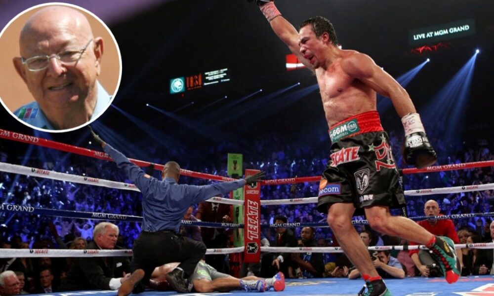 Angelo Dundee inset alongside Juan Manuel Marquez celebrating his knockout victory over Manny Pacquiao in their 2012 fourth fight.
