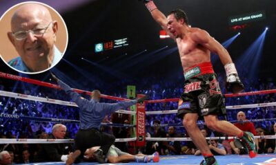 Angelo Dundee inset alongside Juan Manuel Marquez celebrating his knockout victory over Manny Pacquiao in their 2012 fourth fight.