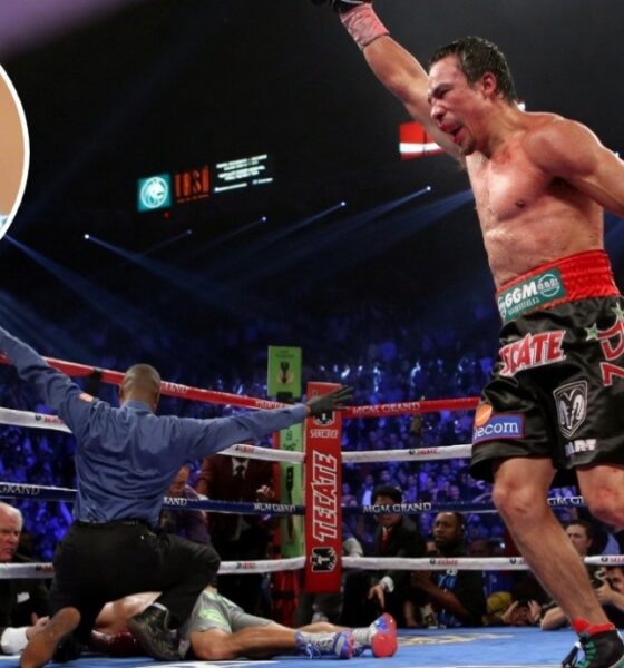 Angelo Dundee inset alongside Juan Manuel Marquez celebrating his knockout victory over Manny Pacquiao in their 2012 fourth fight.