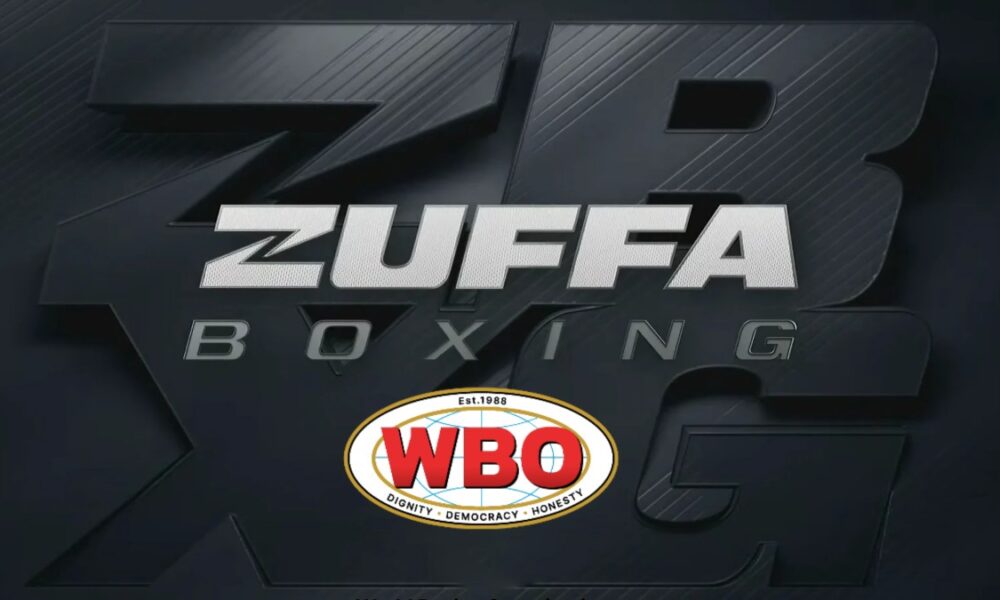 Zuffa Boxing and World Boxing Organization logos displayed together on a dark background representing boxing governance and regulatory tension.