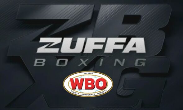 Zuffa Boxing and World Boxing Organization logos displayed together on a dark background representing boxing governance and regulatory tension.
