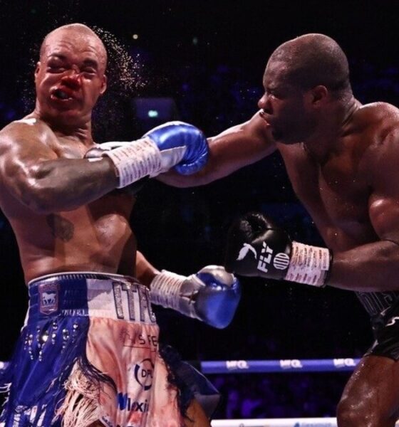 Fabio Wardley takes a heavy right hand from Daniel Dubois during their WBO heavyweight title fight in Manchester as Dubois stages a comeback victory.