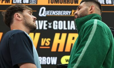 Allen and Hrgovic face-to-face for the last time before the fight. Photo: Queensberry, Leigh Dawney