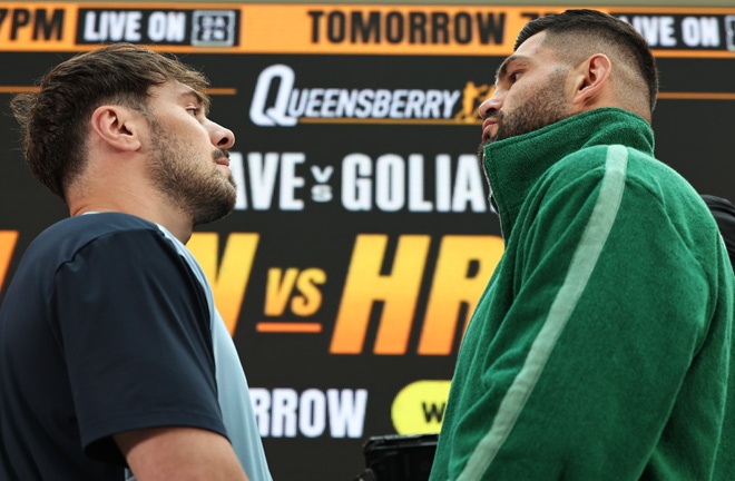 Allen and Hrgovic face-to-face for the last time before the fight. Photo: Queensberry, Leigh Dawney