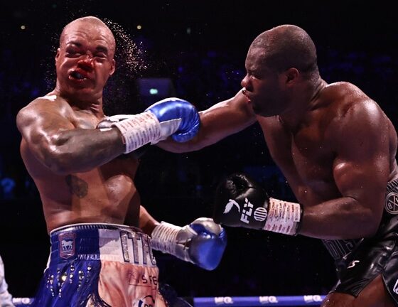 Daniel Dubois stopped Fabio Wardley in the 11th round after an epic battle in Manchester. Photo: Queensberry, Leigh Dawney