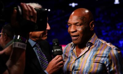 Mike Tyson speaks during a ringside interview at a boxing event in 2026.