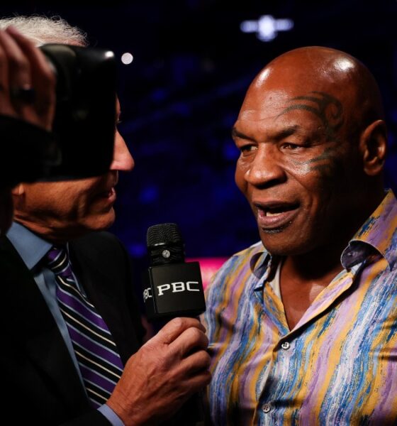 Mike Tyson speaks during a ringside interview at a boxing event in 2026.