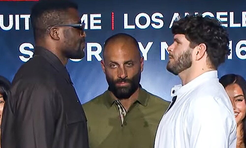 Francis Ngannou STARES DOWN  Philipe Lins during FACE OFF