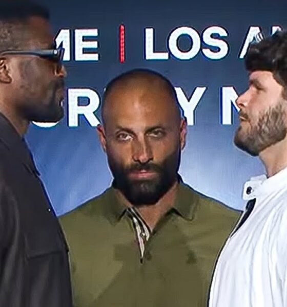 Francis Ngannou STARES DOWN  Philipe Lins during FACE OFF