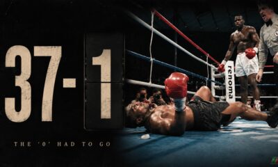 Mike Tyson knocked down by Buster Douglas beside a 37-1 graphic after losing his undefeated record in Tokyo.