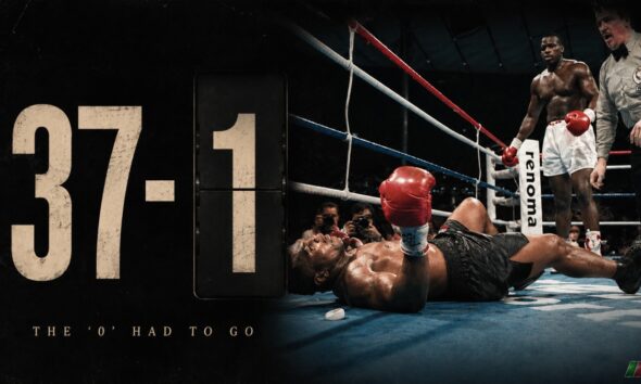 Mike Tyson knocked down by Buster Douglas beside a 37-1 graphic after losing his undefeated record in Tokyo.