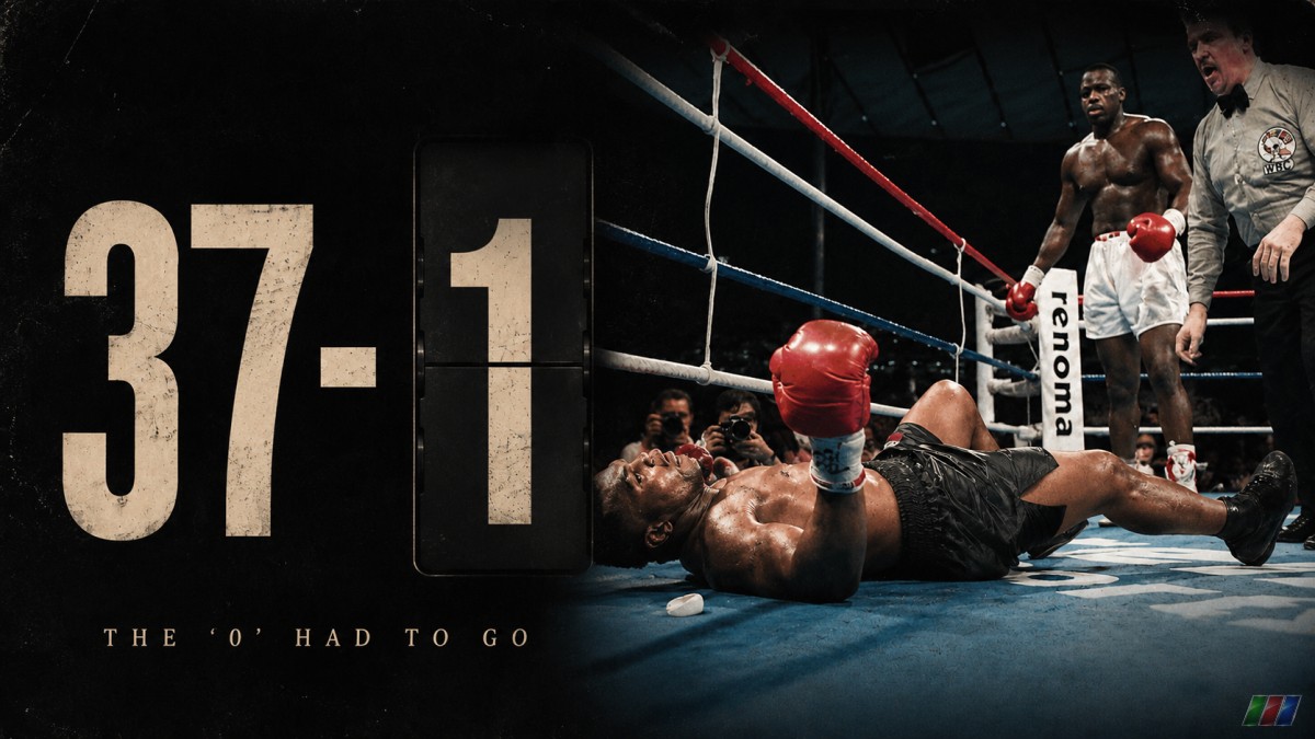 Mike Tyson knocked down by Buster Douglas beside a 37-1 graphic after losing his undefeated record in Tokyo.