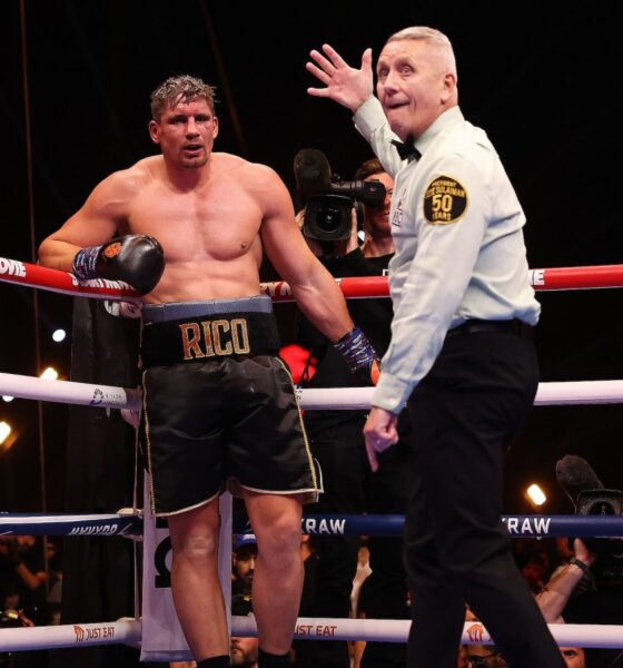 Referee Mark Lyson stops Oleksandr Usyk vs Rico Verhoeven late in the eleventh round in Egypt