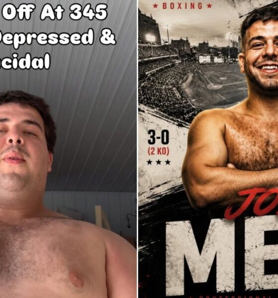 Joseph Mesi Jr. transformation image showing the heavyweight prospect at 345 pounds before beginning his boxing journey alongside a current promotional poster highlighting his 3-0 professional record and family link to former undefeated heavyweight Joe Mesi.