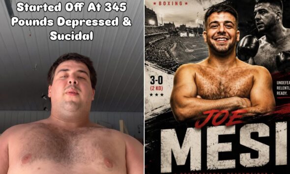 Joseph Mesi Jr. transformation image showing the heavyweight prospect at 345 pounds before beginning his boxing journey alongside a current promotional poster highlighting his 3-0 professional record and family link to former undefeated heavyweight Joe Mesi.