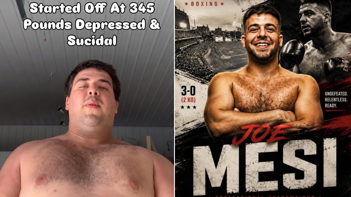 Joseph Mesi Jr. transformation image showing the heavyweight prospect at 345 pounds before beginning his boxing journey alongside a current promotional poster highlighting his 3-0 professional record and family link to former undefeated heavyweight Joe Mesi.