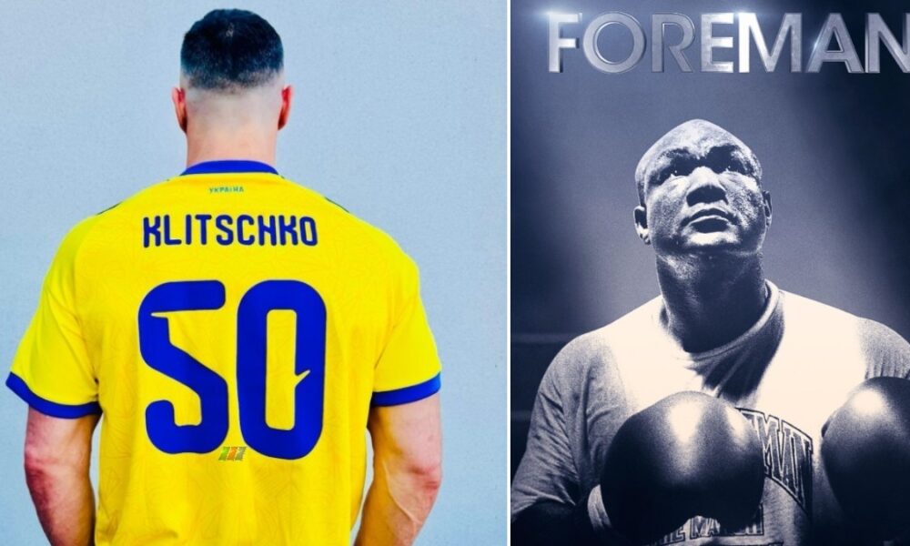 Wladimir Klitschko in a Ukraine shirt beside George Foreman during discussion of the oldest heavyweight champion record