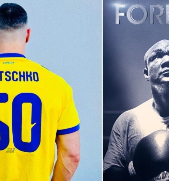 Wladimir Klitschko in a Ukraine shirt beside George Foreman during discussion of the oldest heavyweight champion record