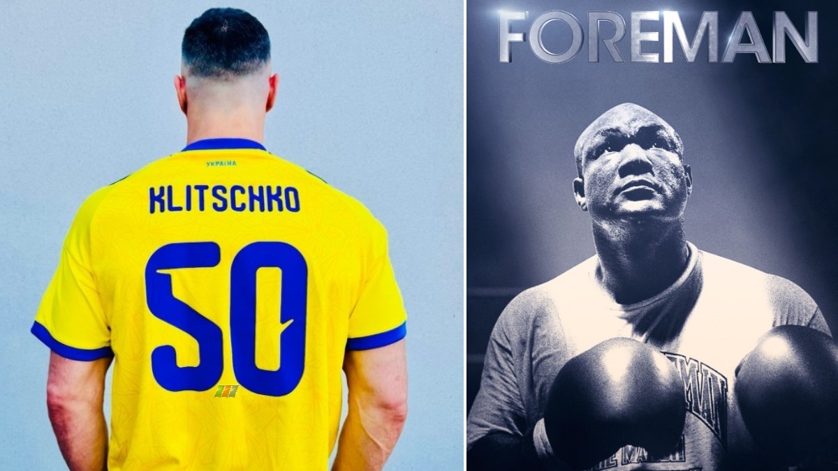 Wladimir Klitschko in a Ukraine shirt beside George Foreman during discussion of the oldest heavyweight champion record