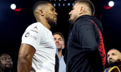 Joshua and Prenga face-to-face ahead of July clash Photo: Mark Robinson Matchroom Boxing