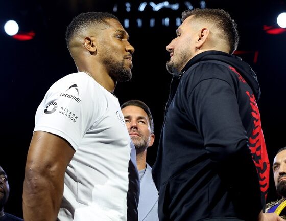 Joshua and Prenga face-to-face ahead of July clash Photo: Mark Robinson Matchroom Boxing