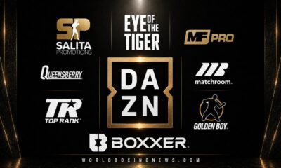 DAZN promotional graphic showing its boxing promoter roster in 2026, featuring logos for Matchroom Boxing, Queensberry, Top Rank, Golden Boy Promotions, BOXXER, Salita Promotions, Eye of the Tiger, and MF Pro surrounding the DAZN logo