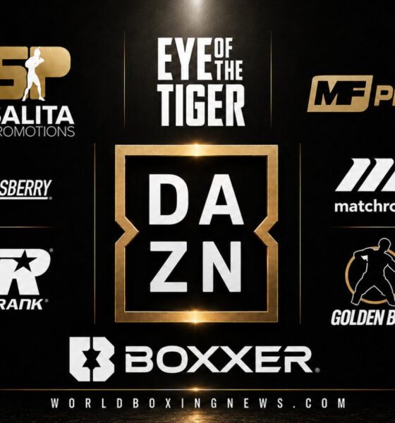 DAZN promotional graphic showing its boxing promoter roster in 2026, featuring logos for Matchroom Boxing, Queensberry, Top Rank, Golden Boy Promotions, BOXXER, Salita Promotions, Eye of the Tiger, and MF Pro surrounding the DAZN logo