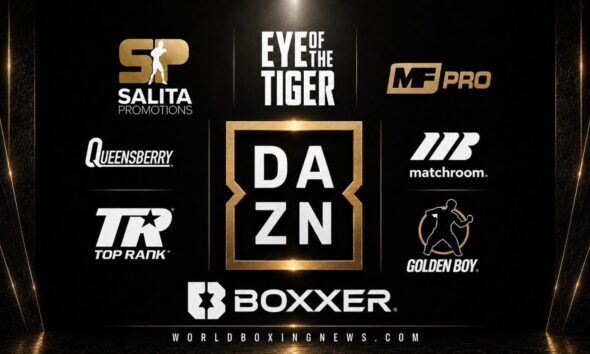DAZN promotional graphic showing its boxing promoter roster in 2026, featuring logos for Matchroom Boxing, Queensberry, Top Rank, Golden Boy Promotions, BOXXER, Salita Promotions, Eye of the Tiger, and MF Pro surrounding the DAZN logo