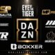 DAZN promotional graphic showing its boxing promoter roster in 2026, featuring logos for Matchroom Boxing, Queensberry, Top Rank, Golden Boy Promotions, BOXXER, Salita Promotions, Eye of the Tiger, and MF Pro surrounding the DAZN logo