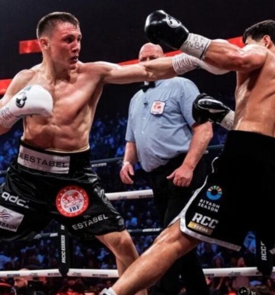 Michael Eifert throws a jab at Dmitry Bivol during their IBF light heavyweight title fight in Ekaterinburg, Russia, where Eifert landed a record-low 12 punches.